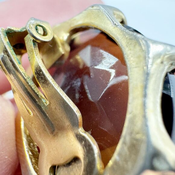 Vintage Smoky Topaz Amber Root beer Glass Large Headlight Clip On Earrings - Picture 7 of 10